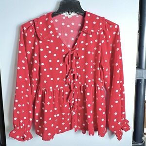 Jodifl Red Polka Dot Ruffle Collar Tie Front Peplum Blouse Womens Size Small EUC